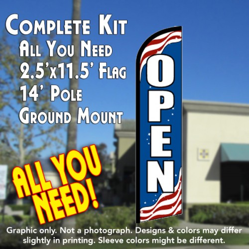 Open (Patriotic)  Windless Advertising Feather Flag Kit  (Flag, Pole, & Ground Spike) 14 Feet Outdoor Flags