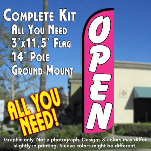 Open (Pink/White)  Windless Advertising Feather Flag Kit  (Flag, Pole, & Ground Spike) 14 Feet Outdoor Flags