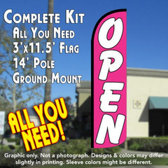 Open (Pink/White)  Windless Advertising Feather Flag Kit  (Flag, Pole, & Ground Spike) 14 Feet Outdoor Flags