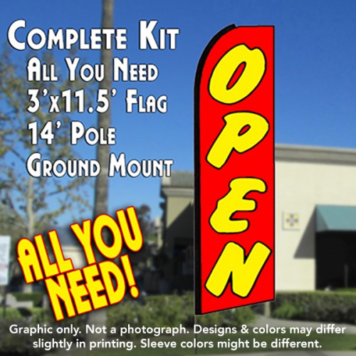 Open (Red/Yellow)  Windless Advertising Feather Flag Kit  (Flag, Pole, & Ground Spike) 14 Feet Outdoor Flags