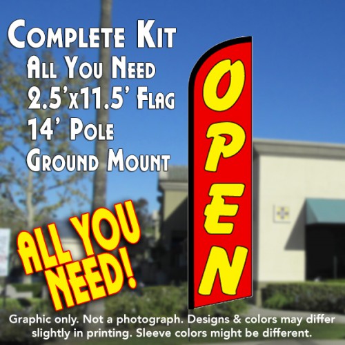 Open (Red/Yellow)  Windless Advertising Feather Flag Kit  (Flag, Pole, & Ground Spike) 14 Feet Outdoor Flags