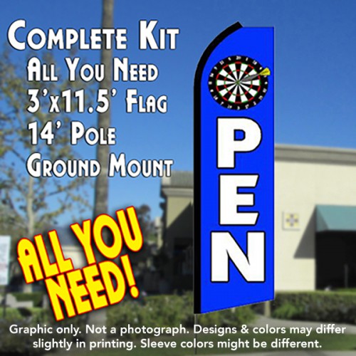 Open (Sports)  Windless Advertising Feather Flag Kit  (Flag, Pole, & Ground Spike) 14 Feet Outdoor Flags