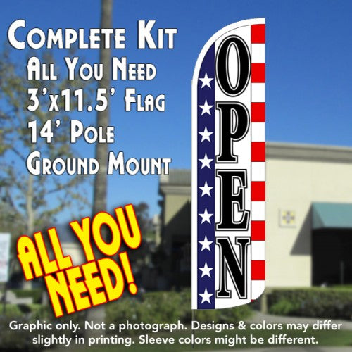 Open (Stars & Stripes)  Windless Advertising Feather Flag Kit  (Flag, Pole, & Ground Spike) 14 Feet Outdoor Flags