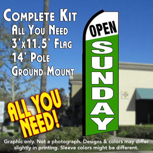 Open Sunday (White/Green)  Windless Advertising Feather Flag Kit  (Flag, Pole, & Ground Spike) 14 Feet Outdoor Flags