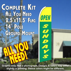 Open Sundays (Green/Yellow)  Windless Advertising Feather Flag Kit  (Flag, Pole, & Ground Spike) 14 Feet Outdoor Flags