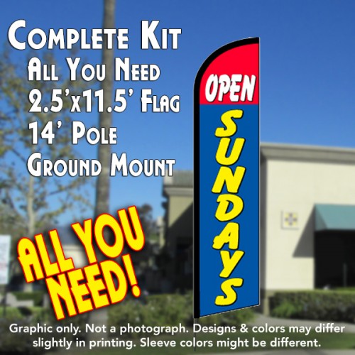 Open Sundays (Red/Blue)  Windless Advertising Feather Flag Kit  (Flag, Pole, & Ground Spike) 14 Feet Outdoor Flags