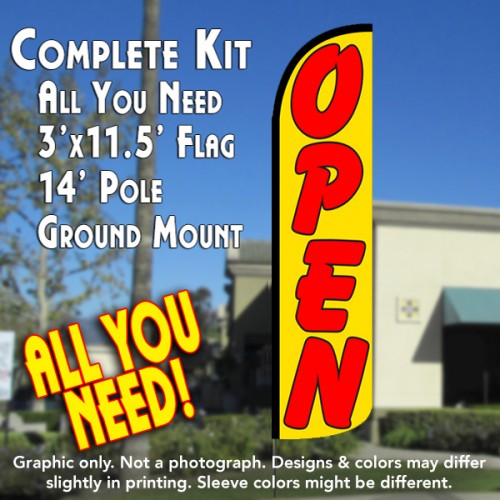 Open (Yellow/Red)  Windless Advertising Feather Flag Kit  (Flag, Pole, & Ground Spike) 14 Feet Outdoor Flags