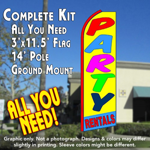 Party Rentals (Yellow/Blue)  Windless Advertising Feather Flag Kit  (Flag, Pole, & Ground Spike) 14 Feet Outdoor Flags