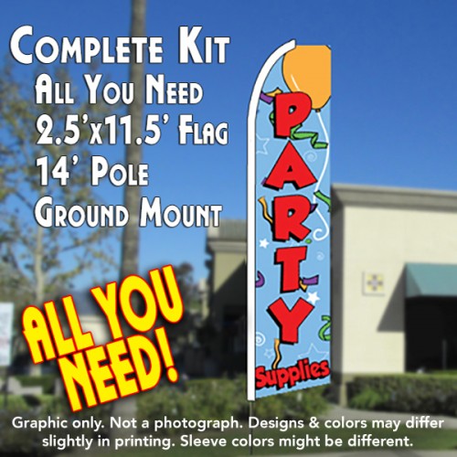 Party Supplies (Blue)  Windless Advertising Feather Flag Kit  (Flag, Pole, & Ground Spike) 14 Feet Outdoor Flags