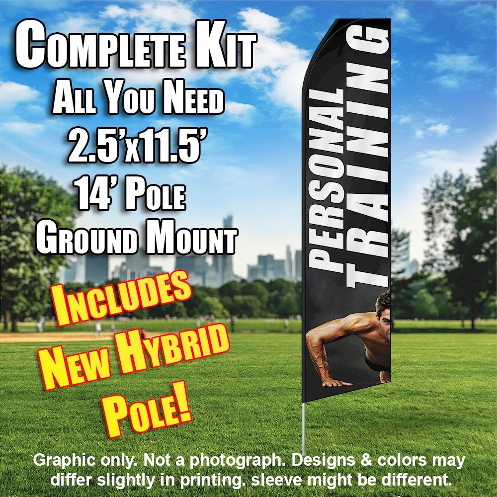 Personal Training (Black And White)  Windless Advertising Feather Flag Kit  (Flag, Pole, & Ground Spike) 14 Feet Outdoor Flags