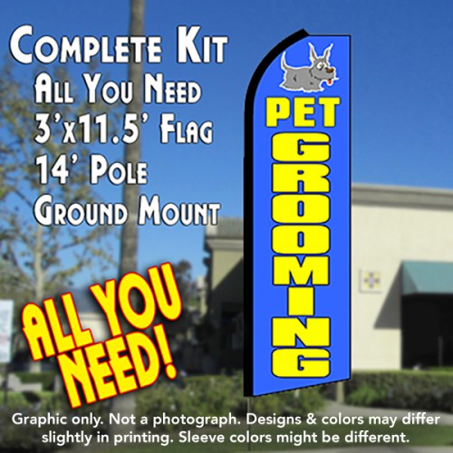 Pet Grooming (Blue)  Windless Advertising Feather Flag Kit  (Flag, Pole, & Ground Spike) 14 Feet Outdoor Flags