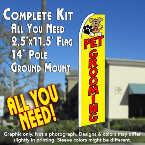 Pet Grooming (Yellow)  Windless Advertising Feather Flag Kit  (Flag, Pole, & Ground Spike) 14 Feet Outdoor Flags