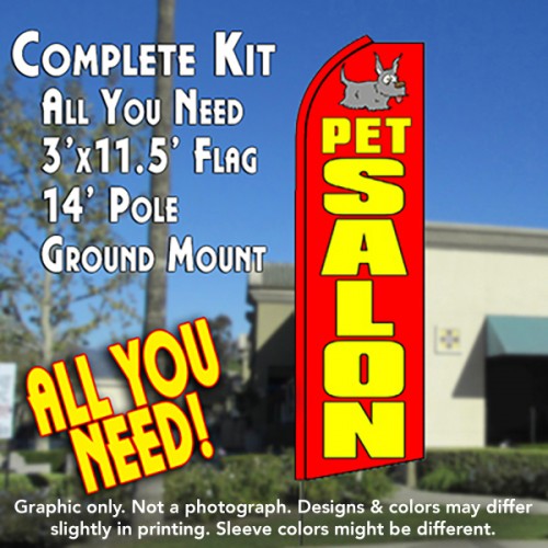 Pet Salon (Red)  Windless Advertising Feather Flag Kit  (Flag, Pole, & Ground Spike) 14 Feet Outdoor Flags