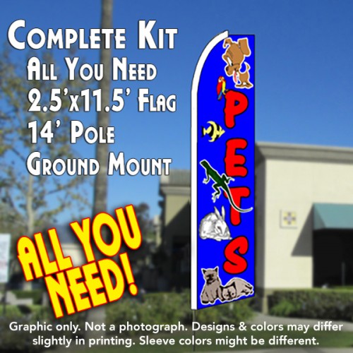 Pets (Blue)  Windless Advertising Feather Flag Kit  (Flag, Pole, & Ground Spike) 14 Feet Outdoor Flags