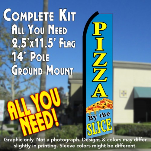 Pizza By The Slice (Blue/Yellow)  Windless Advertising Feather Flag Kit  (Flag, Pole, & Ground Spike) 14 Feet Outdoor Flags