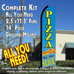 Pizza By The Slice (Blue/Yellow)  Windless Advertising Feather Flag Kit  (Flag, Pole, & Ground Spike) 14 Feet Outdoor Flags