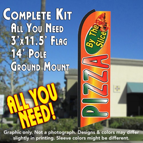 Pizza By The Slice (Orange)  Windless Advertising Feather Flag Kit  (Flag, Pole, & Ground Spike) 14 Feet Outdoor Flags