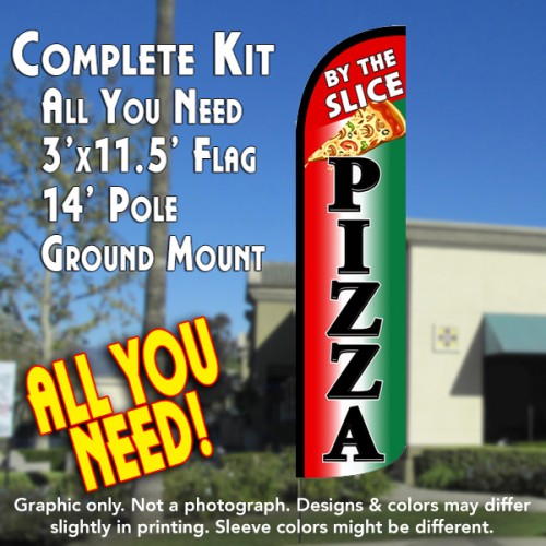 Pizza By The Slice (Tri-Color/Black)  Windless Advertising Feather Flag Kit  (Flag, Pole, & Ground Spike) 14 Feet Outdoor Flags