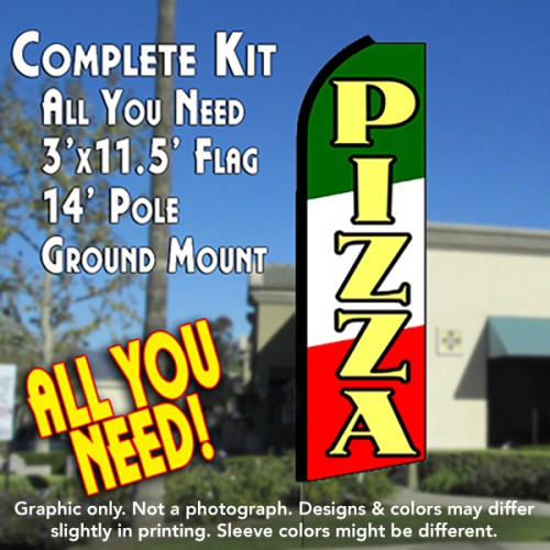 Pizza (Tri-Color)  Windless Advertising Feather Flag Kit  (Flag, Pole, & Ground Spike) 14 Feet Outdoor Flags