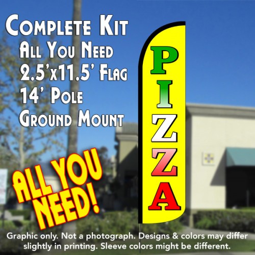 Pizza (Yellow)  Windless Advertising Feather Flag Kit  (Flag, Pole, & Ground Spike) 14 Feet Outdoor Flags