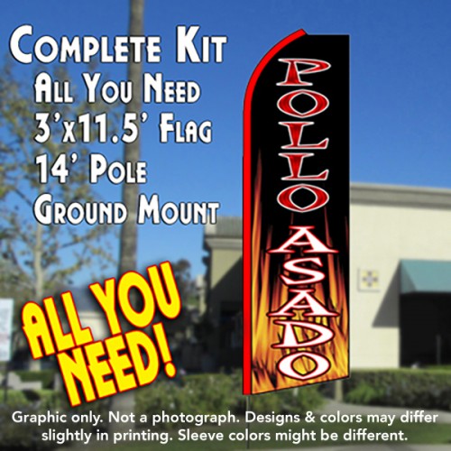 Pollo Asado (Black/Flames)  Windless Advertising Feather Flag Kit  (Flag, Pole, & Ground Spike) 14 Feet Outdoor Flags