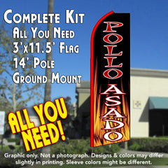 Pollo Asado (Black/Flames)  Windless Advertising Feather Flag Kit  (Flag, Pole, & Ground Spike) 14 Feet Outdoor Flags