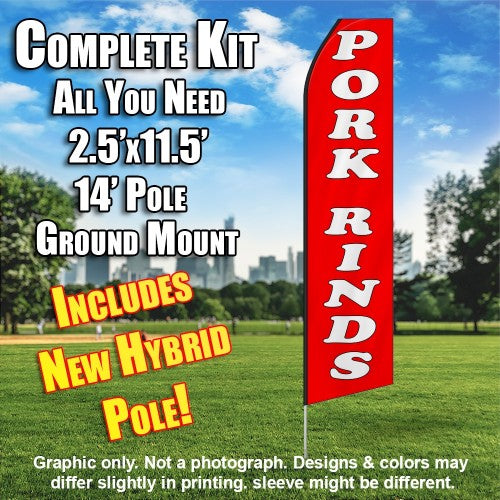 Pork Rinds (Red/White)  Windless Advertising Feather Flag Kit  (Flag, Pole, & Ground Spike) 14 Feet Outdoor Flags
