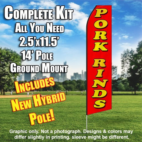 Pork Rinds (Red/Yellow)  Windless Advertising Feather Flag Kit  (Flag, Pole, & Ground Spike) 14 Feet Outdoor Flags