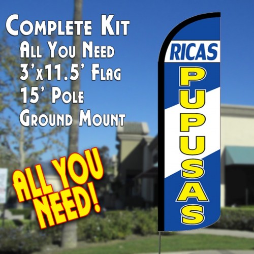 Pupusas Ricas  Windless Advertising Feather Flag Kit  (Flag, Pole, & Ground Spike) 14 Feet Outdoor Flags