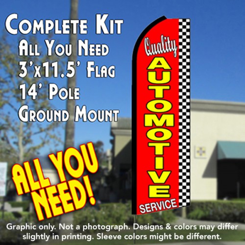 Quality Automotive Service (Checkered)  Windless Advertising Feather Flag Kit  (Flag, Pole, & Ground Spike) 14 Feet Outdoor Flags