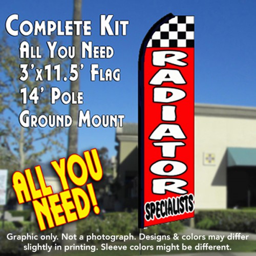Radiator Specialists (Checkered)  Windless Advertising Feather Flag Kit  (Flag, Pole, & Ground Spike) 14 Feet Outdoor Flags