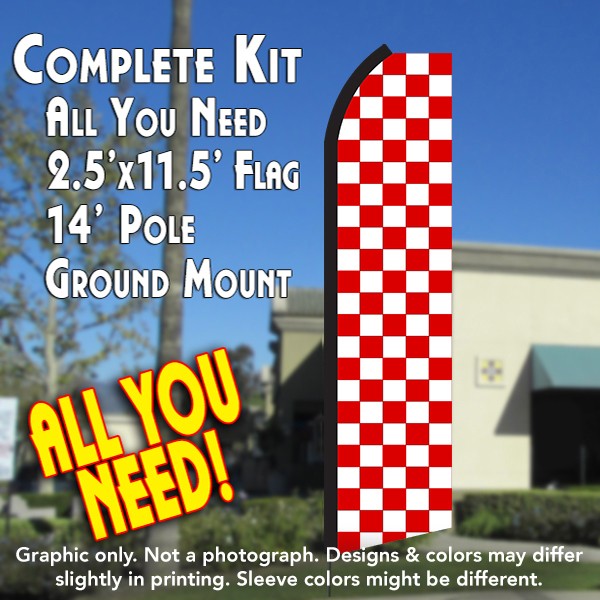 Checkered Red/White  Windless Advertising Feather Flag Kit  (Flag, Pole, & Ground Spike) 14 Feet Outdoor Flags