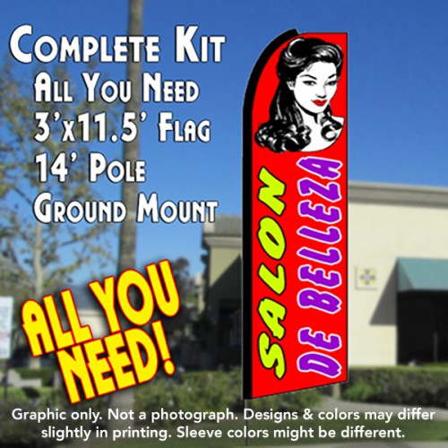 Salon De Belleza (Red)  Windless Advertising Feather Flag Kit  (Flag, Pole, & Ground Spike) 14 Feet Outdoor Flags