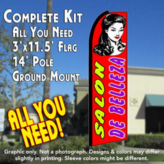 Salon De Belleza (Red)  Windless Advertising Feather Flag Kit  (Flag, Pole, & Ground Spike) 14 Feet Outdoor Flags