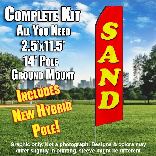 Sand (Red/Yellow Letters)  Windless Advertising Feather Flag Kit  (Flag, Pole, & Ground Spike) 14 Feet Outdoor Flags