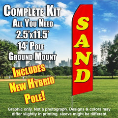 Sand (Red/Yellow Letters)  Windless Advertising Feather Flag Kit  (Flag, Pole, & Ground Spike) 14 Feet Outdoor Flags