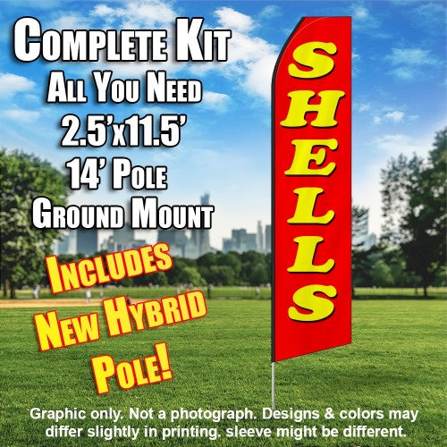 Shells (Red/Yellow Letters)  Windless Advertising Feather Flag Kit  (Flag, Pole, & Ground Spike) 14 Feet Outdoor Flags