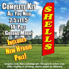 Shells (Red/Yellow Letters)  Windless Advertising Feather Flag Kit  (Flag, Pole, & Ground Spike) 14 Feet Outdoor Flags