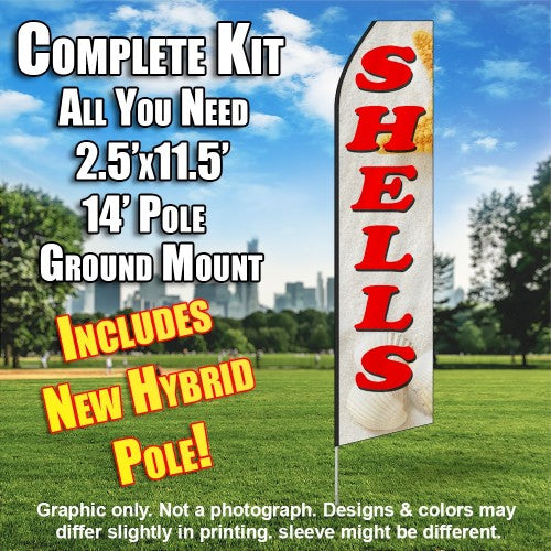 Shells (Beach/Red Letters)  Windless Advertising Feather Flag Kit  (Flag, Pole, & Ground Spike) 14 Feet Outdoor Flags