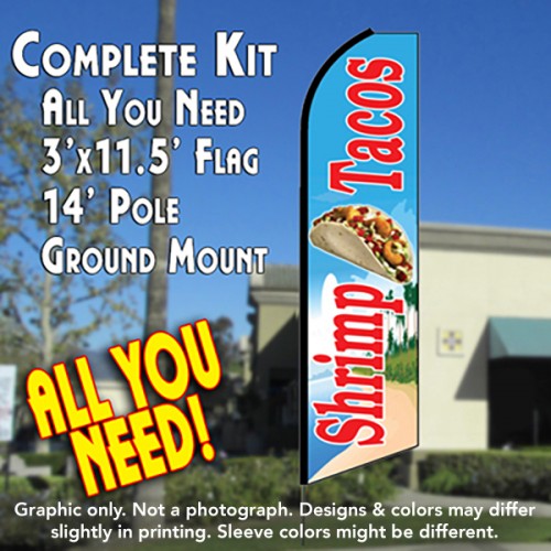 Shrimp Tacos (Blue)  Windless Advertising Feather Flag Kit  (Flag, Pole, & Ground Spike) 14 Feet Outdoor Flags