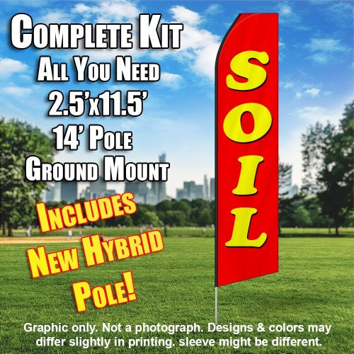 Soil (Red/Yellow Letters)  Windless Advertising Feather Flag Kit  (Flag, Pole, & Ground Spike) 14 Feet Outdoor Flags