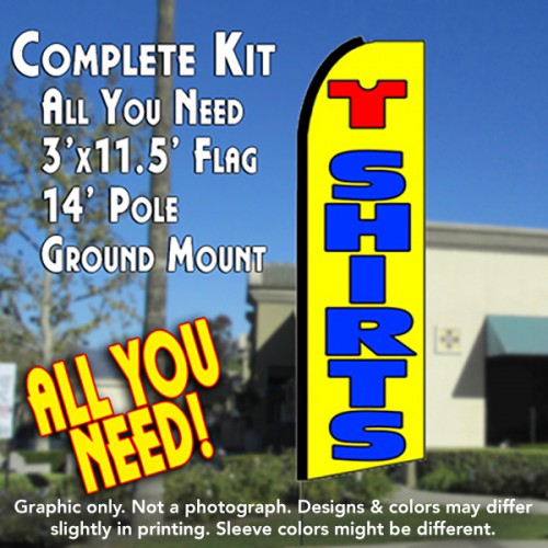 T Shirts (Yellow)  Windless Advertising Feather Flag Kit  (Flag, Pole, & Ground Spike) 14 Feet Outdoor Flags