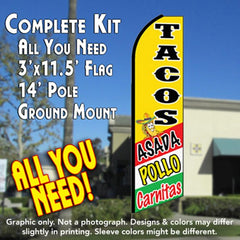Tacos Asada, Pollo, Carnitas (Yellow)  Windless Advertising Feather Flag Kit  (Flag, Pole, & Ground Spike) 14 Feet Outdoor Flags