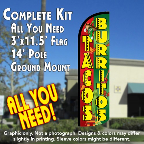 Tacos & Burritos (Red/Green)  Windless Advertising Feather Flag Kit  (Flag, Pole, & Ground Spike) 14 Feet Outdoor Flags
