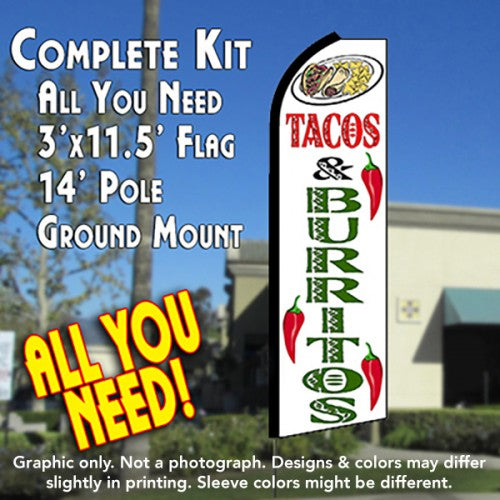 Tacos & Burritos (White)  Windless Advertising Feather Flag Kit  (Flag, Pole, & Ground Spike) 14 Feet Outdoor Flags