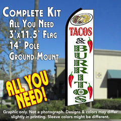 Tacos & Burritos (White)  Windless Advertising Feather Flag Kit  (Flag, Pole, & Ground Spike) 14 Feet Outdoor Flags