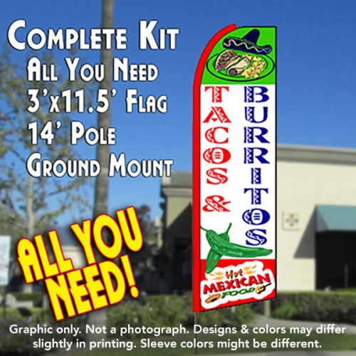 Tacos & Burritos (White/Green Chili)  Windless Advertising Feather Flag Kit  (Flag, Pole, & Ground Spike) 14 Feet Outdoor Flags