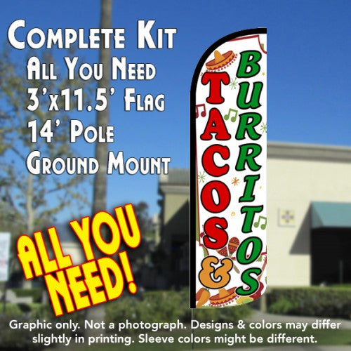 Tacos & Burritos (White)  Windless Advertising Feather Flag Kit  (Flag, Pole, & Ground Spike) 14 Feet Outdoor Flags