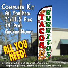 Tacos & Burritos (White)  Windless Advertising Feather Flag Kit  (Flag, Pole, & Ground Spike) 14 Feet Outdoor Flags