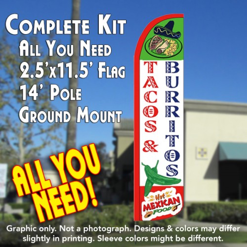 Tacos & Burritos  Windless Advertising Feather Flag Kit  (Flag, Pole, & Ground Spike) 14 Feet Outdoor Flags